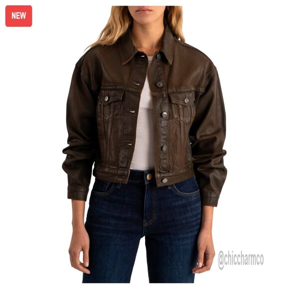 Jackets & Blazers - Coated Long Sleeve Denim Jacket with Button Front and Cuffs